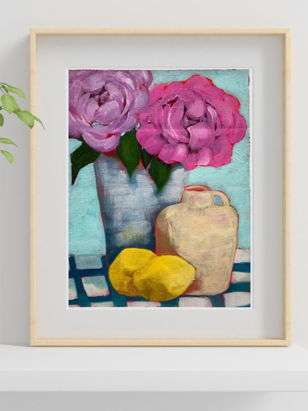 Still Life Floral Art  - Pink Peonies and Lemons Original Acrylic Painting